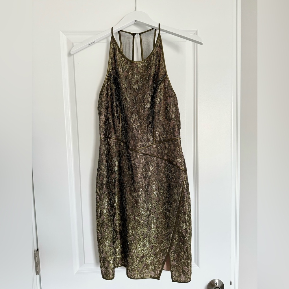 BCBG maxazria Tenya gold lace sheer back mini slit dress size 0